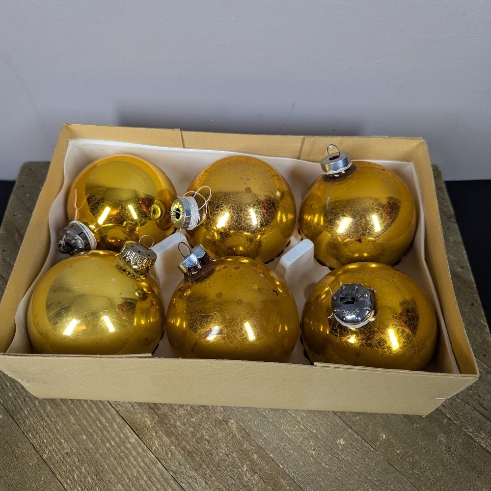 Set of 6 Large Vintage Glass Christmas Ornaments – Gold Mercury Style 3” Mixed T